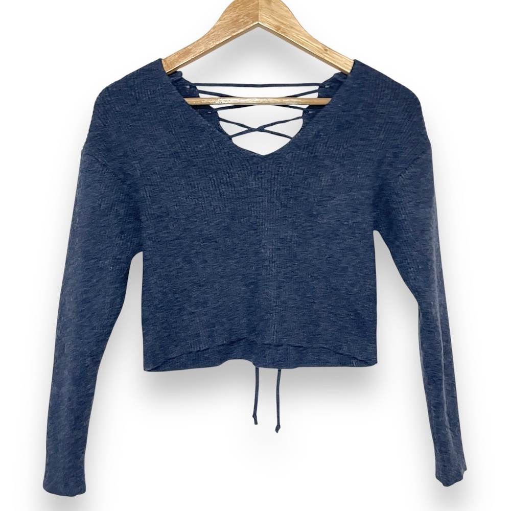 Zaful Back Lace-up Cropped Sweater Women M Long Sleeve V-Neck Blue Adjustable